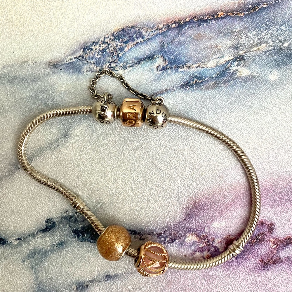 Rose Gold clasp Pandora bracket with 2 charms 8”